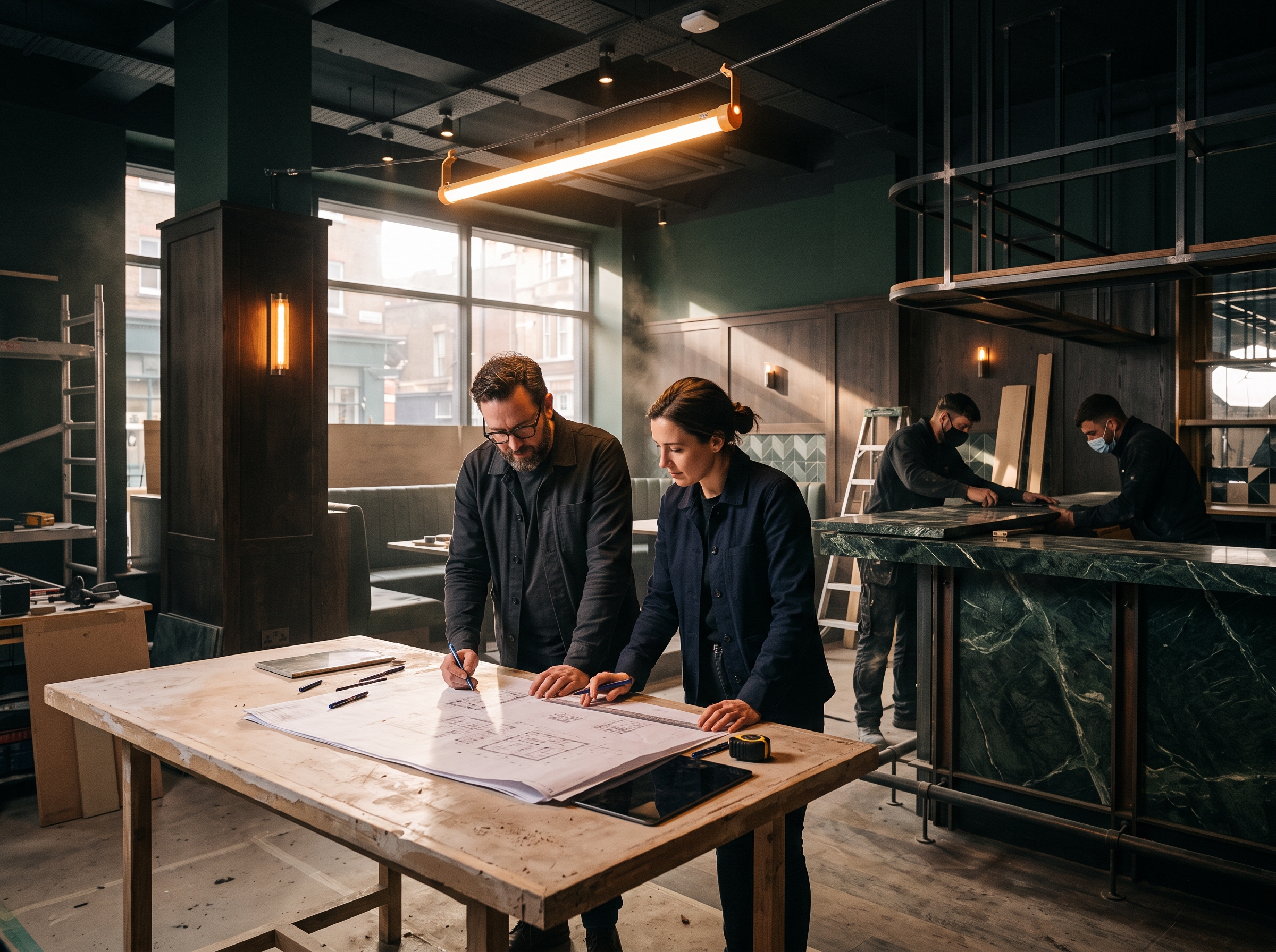 Meridian development team reviewing plans inside a restaurant under construction