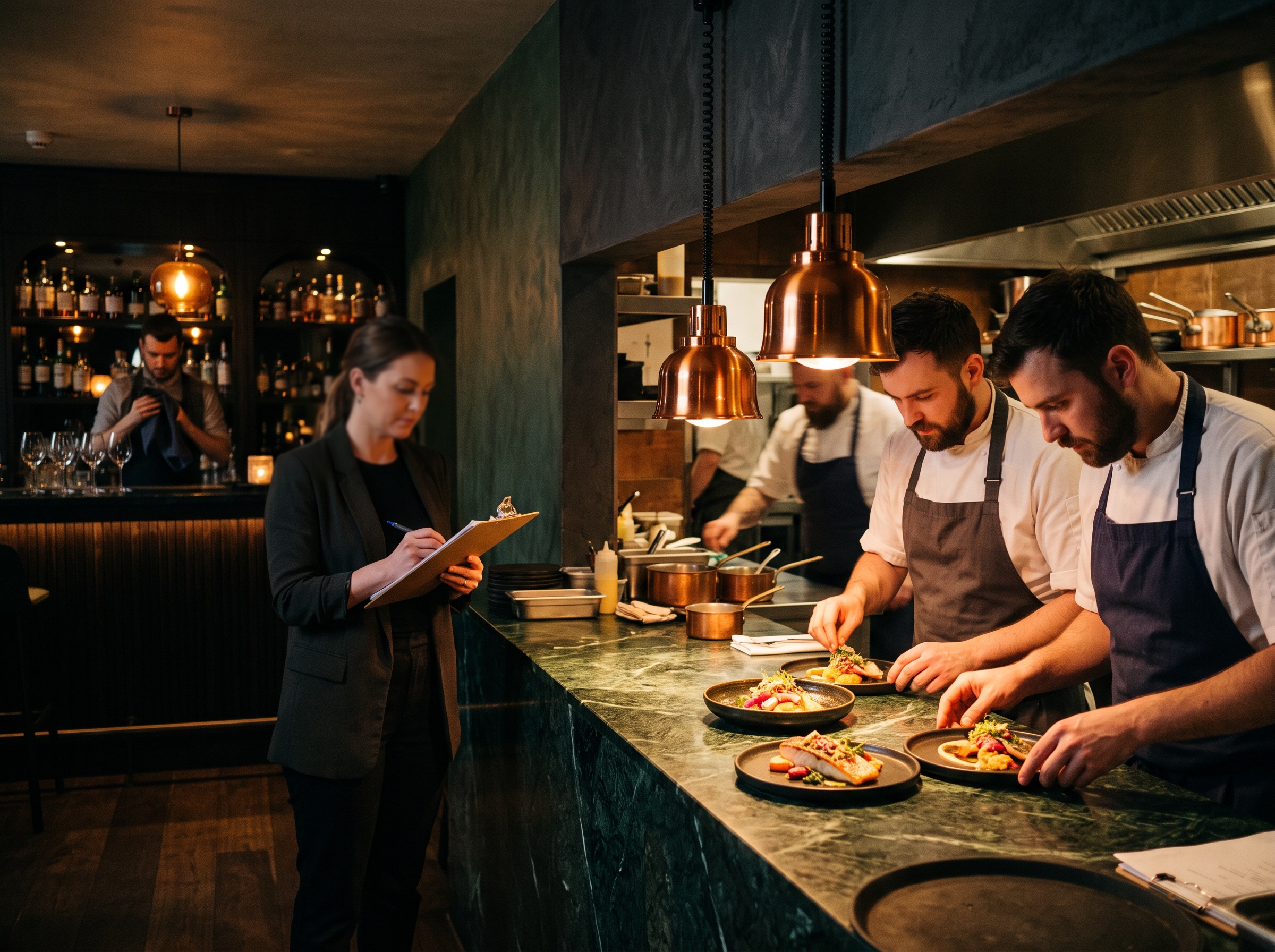 Pre-opening rehearsal with chefs plating at the pass