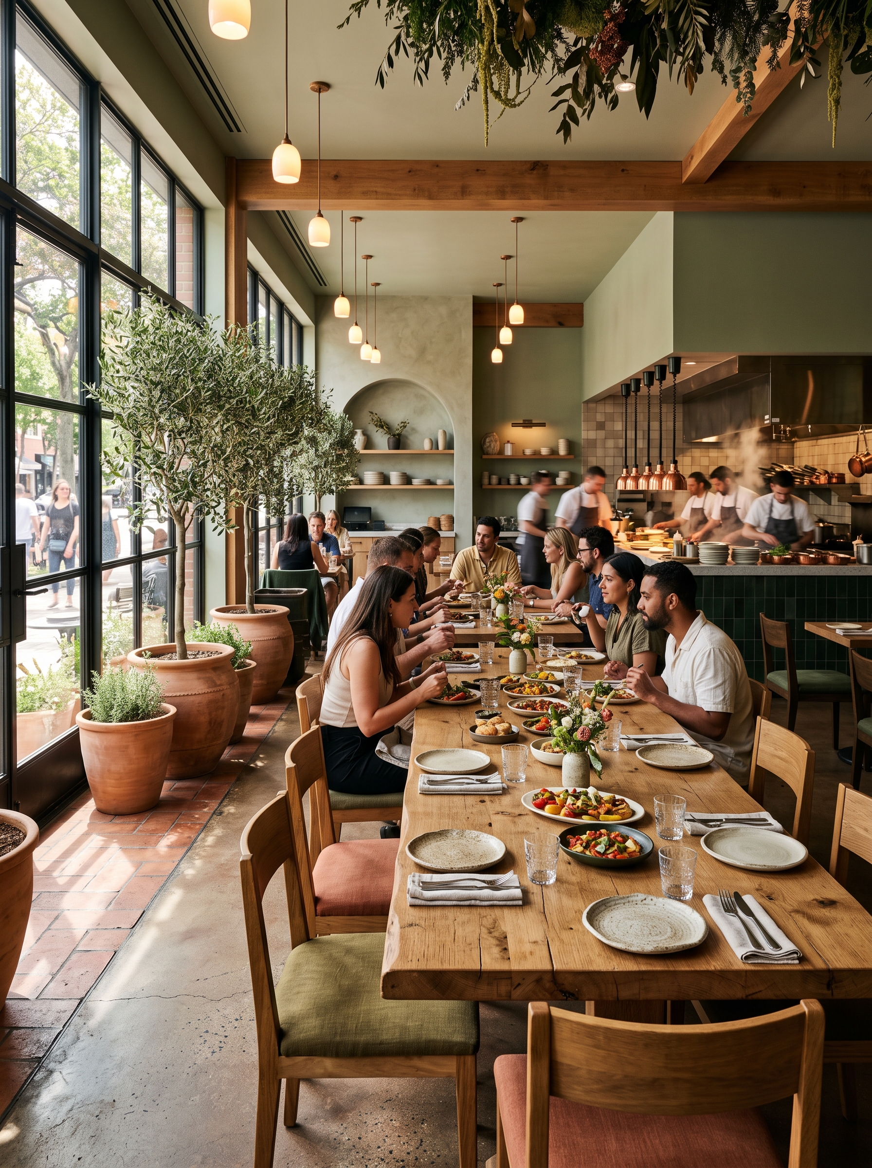 Sunlit upscale casual dining room with olive trees and open kitchen