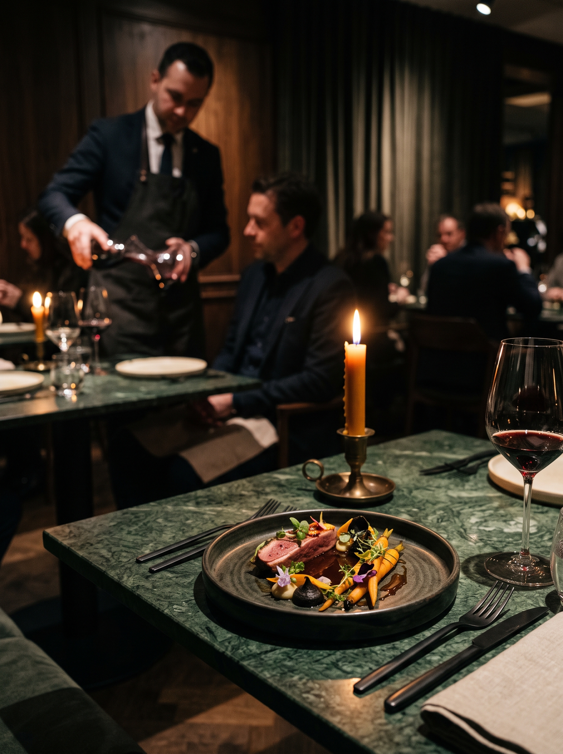 Fine dining table with a sculptural plated dish in candlelight