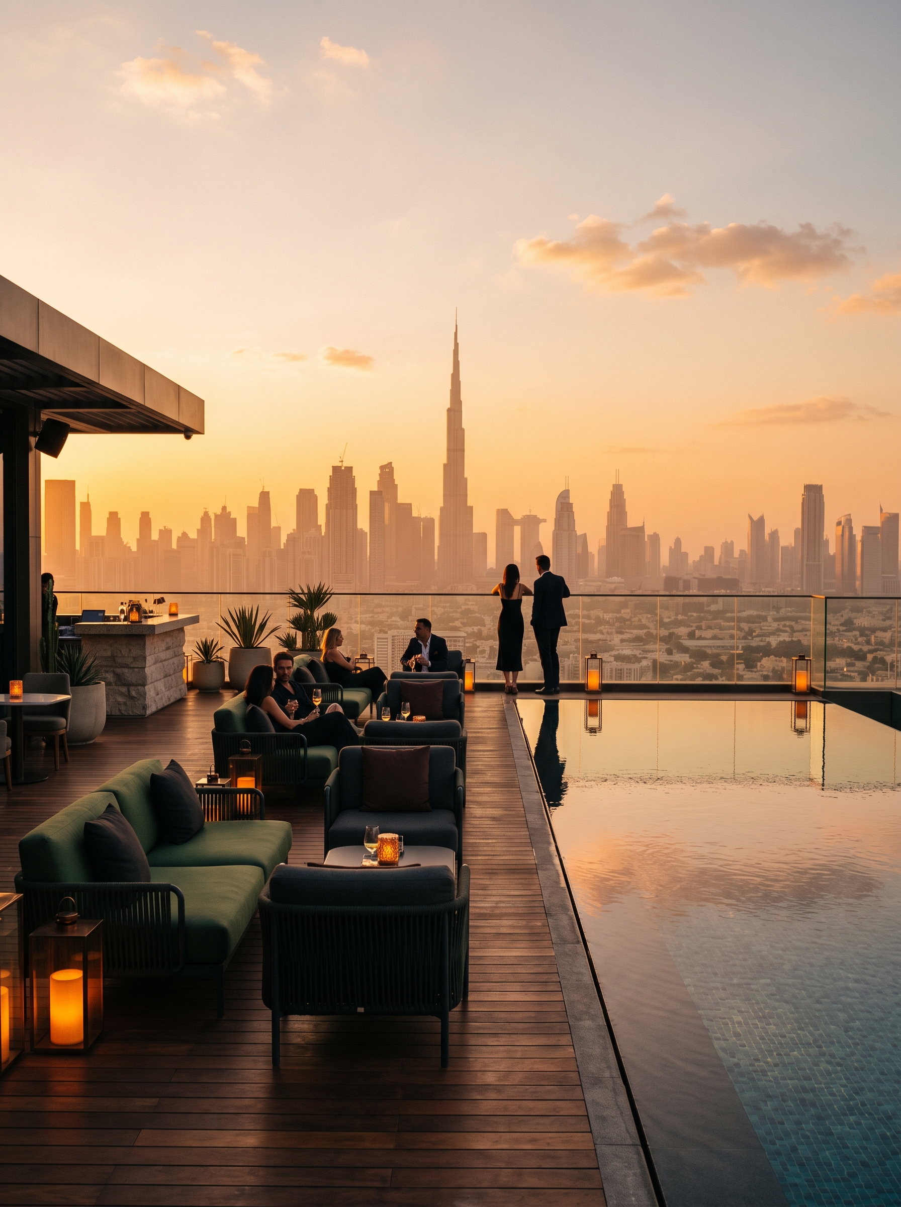 Rooftop lounge at golden hour with the Dubai skyline behind